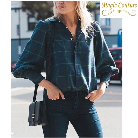 Amaryllis Navy Plaid Cuff-Sleeve Button-Up Shirt💙💚💙 - Picture 4 of 14